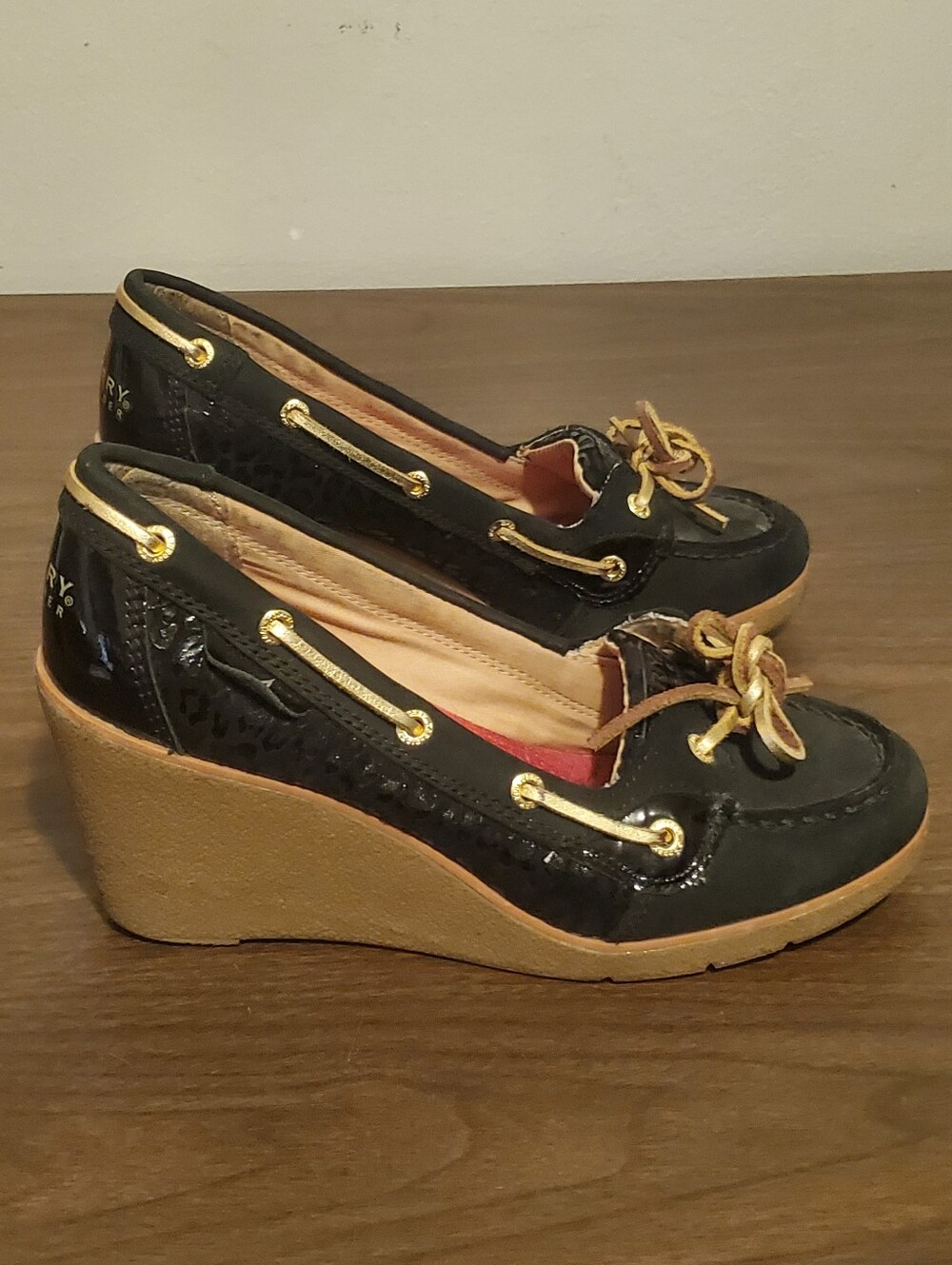Sperry Top Sider Wedge Goldfish Black Leather Gold Tie 9518739 Women's Size 7 M